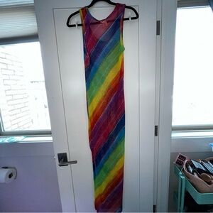 Rainbow Striped Sheer Bathing Suit Cover Maxi Dress XL